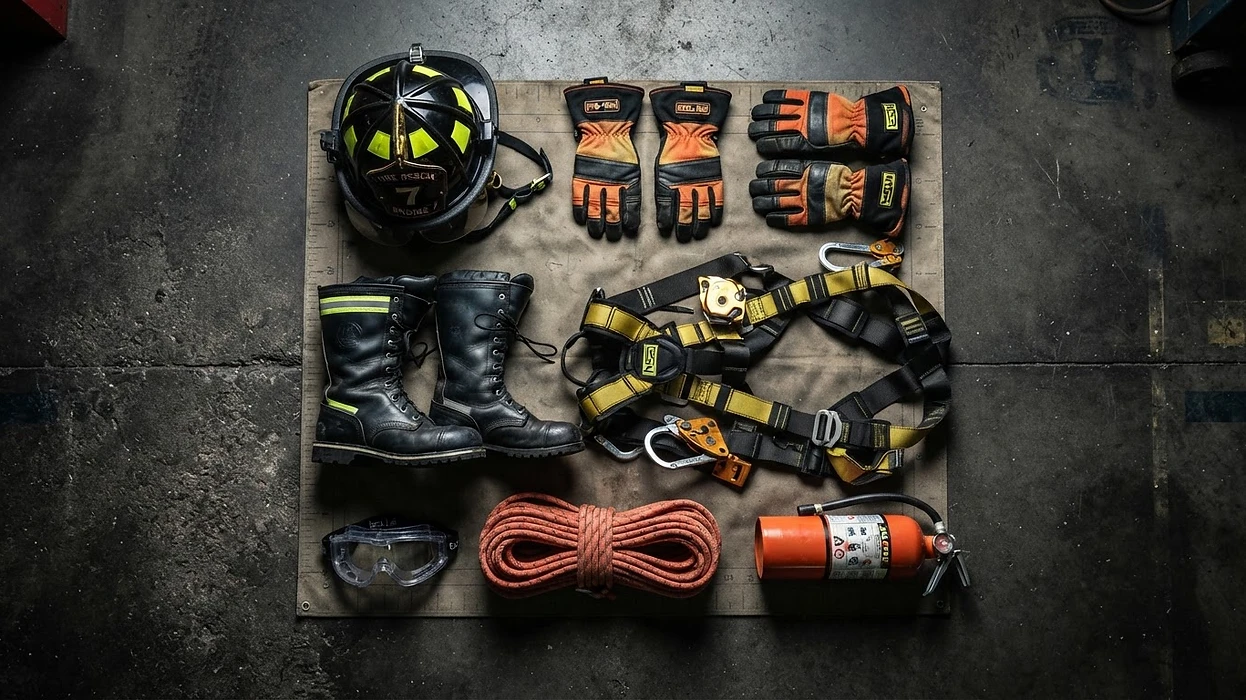 Susunan perlengkapan safety industri: helm, boots, sarung tangan aramid, goggles, harness